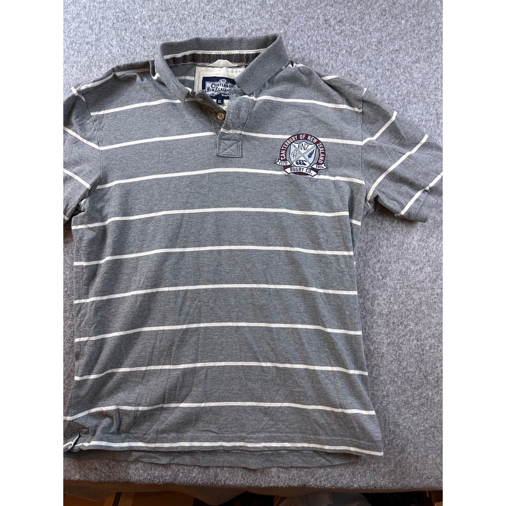 Men's CANTERBURY OF NEW ZEALAND Short Sleeve Rugby Polo Shirt XLARGE Gray Stripe